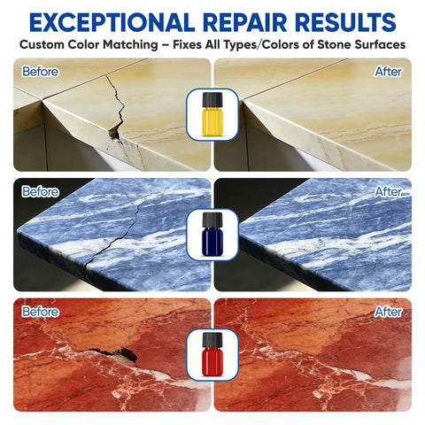 DIY Marble And Granite Repair Kit With Spot On Color Match For Quick Drying Quartz Countertop Fix On Granite Marble Tiles And Stone Surfaces For Chips Cracks Scratches And Holes, showing color matching results on various stone surfaces.