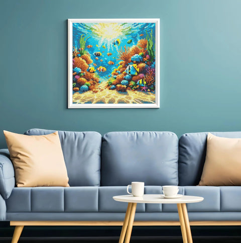 Ocean View 5D DIY Diamond Painting Kit For Adults And Newbies, 13.78x13.78 inches decor in living room, vibrant underwater design