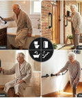Rock Solid Heavy Duty Hand Rail Stays Secure Zero Hassle Wall Mount Safety Grip Bar For Bathroom Deck Shower Rustproof Black Steel Support Traction Grip Indoor Outdoor Use, shown in various home settings including washroom, entrance, and staircase.