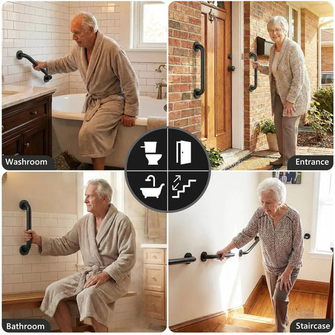 Rock Solid Heavy Duty Hand Rail Stays Secure Zero Hassle Wall Mount Safety Grip Bar For Bathroom Deck Shower Rustproof Black Steel Support Traction Grip Indoor Outdoor Use, shown in various home settings including washroom, entrance, and staircase.