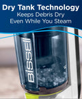 Close-up of Dry Tank Technology in Bissell vacuum and steam mop, showing transparent debris container. Kick Dust And Grime To The Curb With This All In One Vacuum And Steam Mop Featuring Digital Controls Powerful Cyclonic Suction And Deep Sanitizing Power For Quick Hardwood And Tile Floor Maintenance.