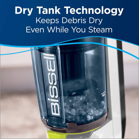 Close-up of Dry Tank Technology in Bissell vacuum and steam mop, showing transparent debris container. Kick Dust And Grime To The Curb With This All In One Vacuum And Steam Mop Featuring Digital Controls Powerful Cyclonic Suction And Deep Sanitizing Power For Quick Hardwood And Tile Floor Maintenance.