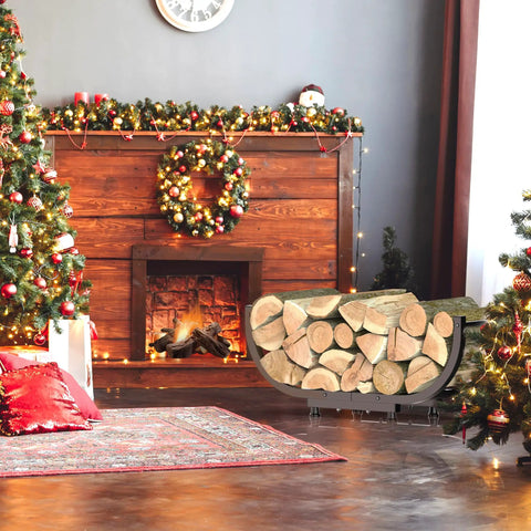Beefy Firewood Rack For Outdoor Use near decorated fireplace, 29 inch log holder with black steel frame, U shape design