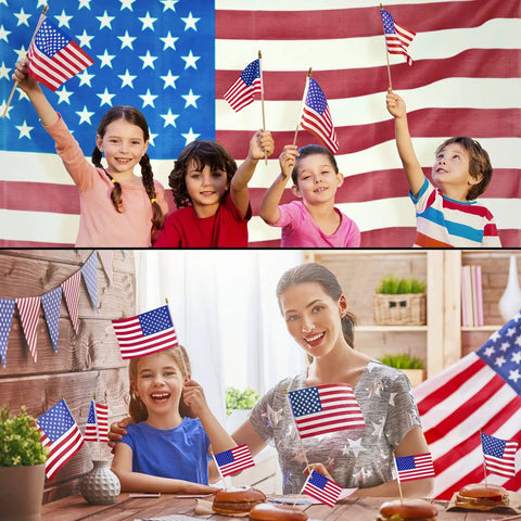 Children waving 150 Pack Handheld American Flags on sticks 4x6 inches with gold spearhead for 250th Anniversary celebrations.