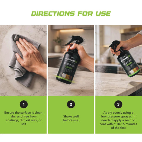 Hardcore Penetrating Sealer Spray For Concrete Brick And Unsealed Grout Leaves Invisible Stain Shield in use on a countertop.