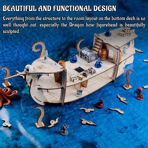 DND Ship Miniature With Three Level Wooden Naval Battle Terrain Map For Roleplay Campaigns Dragon Bow Figurehead And Six Cannons