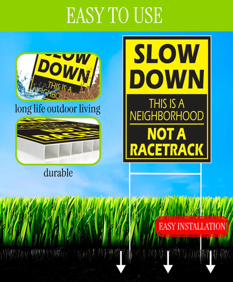 Set Of 3 Please Slow Down Signs For Neighborhoods With Metal H Stakes 12x8 Inch Plastic Double Sided Street Slow Signs Drive Like Your Kids Live Here Yard Sign Children At Play Safety Signs For Street, showing waterproof and durable features.