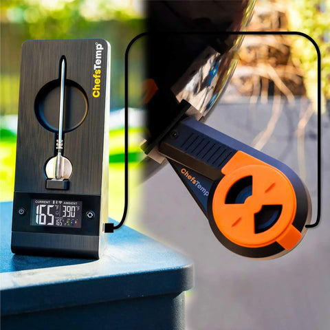 ProTemp 2 Plus Wireless Meat Thermometer With Temperature Controller on stand, showing digital display and attached probe