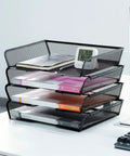 Four Tier Mesh Stackable File Trays For Desk Organization Letter Size Office Paper Organizer in black metal on desk