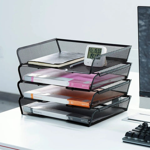 Four Tier Mesh Stackable File Trays For Desk Organization Letter Size Office Paper Organizer in black metal on desk