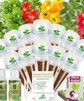 Indoor Hydroponics Seed Pods Kit With 12 Refill Pods And Six Salsa Seed Packets Featuring Basil Cherry Tomato Bell Pepper Cherry Radish And Cilantro For A Totally Easy At Home Salsa Station Across All Hydroponic Systems with plant food bottles and seed packets displayed.