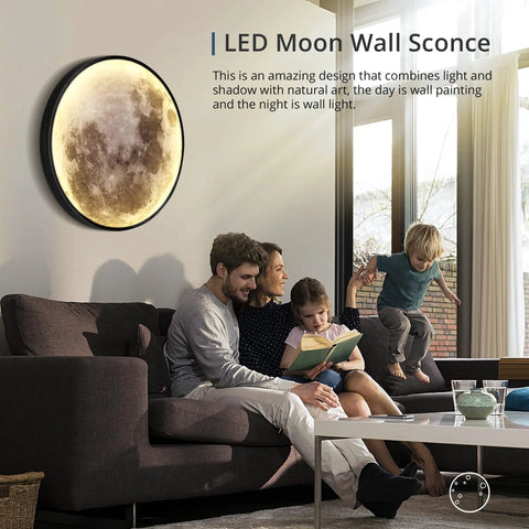 Moon Wall Light 19.7 Inch Plug In Modern LED Wall Lamp 24W Black Sconce with Warm 3000K Glow in a cozy living room setting