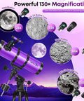 150mm Aperture Newtonian Reflector Telescope for Adults and Beginners with Equatorial Mount, Phone Mount, Dust Cover, and Carrying Bag, High Powered Astronomy Kit shown with magnification examples of Moon and planets.