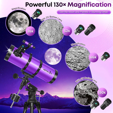 150mm Aperture Newtonian Reflector Telescope for Adults and Beginners with Equatorial Mount, Phone Mount, Dust Cover, and Carrying Bag, High Powered Astronomy Kit shown with magnification examples of Moon and planets.