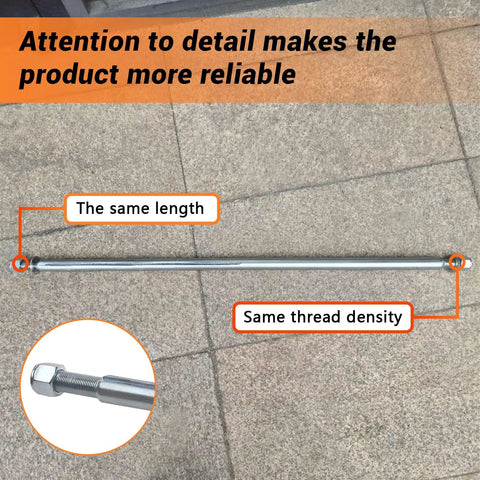 Beefed Up Heavy Duty 1 Inch Diameter 36 Inch Steel Axle Rod With Step Down From One Inch To Three Quarter Inch And Three Quarter Inch By Sixteen Fine Thread Plus One Quarter Inch Keyway For ATVs Go Karts Quads And Dune Buggies on concrete floor with close-up of thread section