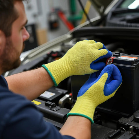 A person wearing Kevlar Tough Cut Resistant Work Gloves with PVC Grip ANSI Rated Heavy Duty Safety Gear handling a car battery.
