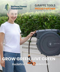 Woman using retractable garden hose reel with auto rewind and any length lock 90 ft of 5/8 inch hybrid hose wall mounted