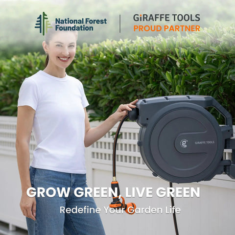 Woman using retractable garden hose reel with auto rewind and any length lock 90 ft of 5/8 inch hybrid hose wall mounted