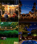 Outdoor decor at night with 60Ft Solar String Lights Outdoor Waterproof With Remote Dimming, illuminating gardens and patios with warm yellow glow.