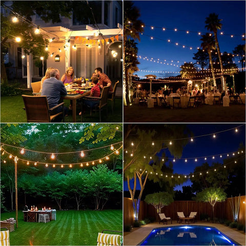 100Ft Solar String Lights Outdoor Waterproof With Remote Dimmer lit backyard with vintage bulbs at night