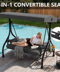 Three Seat Patio Swing With Adjustable Canopy And Stand, Heavy Duty Outdoor Porch Swing For Adults Up To 800 Lbs by pool.