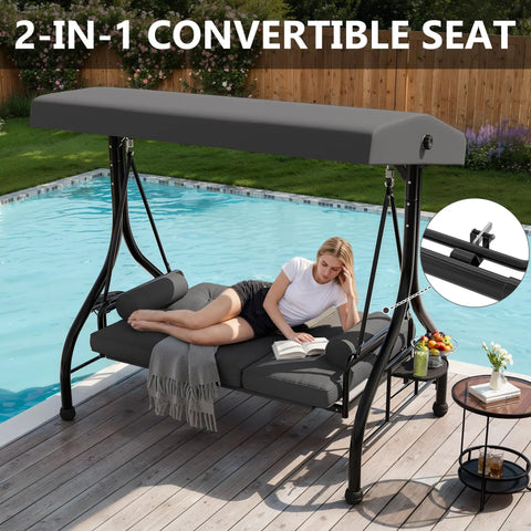 Three Seat Patio Swing With Adjustable Canopy And Stand, Heavy Duty Outdoor Porch Swing For Adults Up To 800 Lbs by pool.