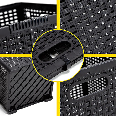 Close-up details of 42L Collapsible Laundry Baskets Set Pack Of 2 Black Foldable Plastic Hamper, woven texture and handle design.