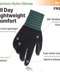 Nylon Work Gloves With 3D Comfort Fit And Power Grip For Gardening And Yard Work Lightweight Breathable Touchscreen Ready Durable Reinforced Seams Great For Warehouse And Delivery Drivers Black Size Small 3 Pairs, showcasing breathable and flexible design.