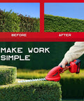 2 Pack Cordless Hedge Trimmer With Battery And Charger making clean cuts on shrubs, showcasing before and after trimming results.