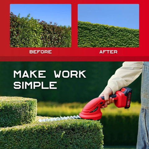 2 Pack Cordless Hedge Trimmer With Battery And Charger making clean cuts on shrubs, showcasing before and after trimming results.