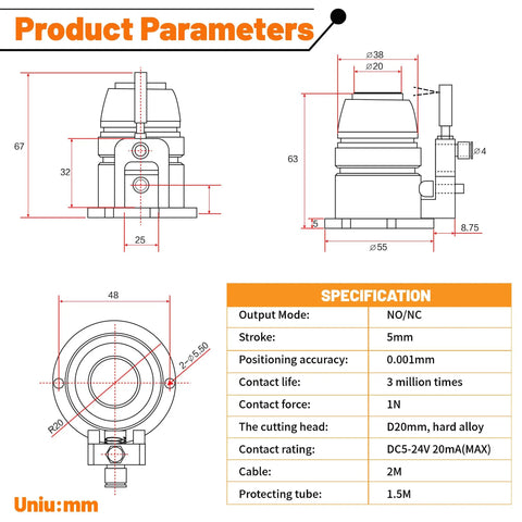 Technical drawing and specifications of IP65 Yellow CNC Router Tool Sensor Probe 5mm Stroke Mach3 Z Axis Touch Setter Changer.