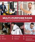 Heavy Duty White Terry Cloth Rags 16x19 Inches Bulk Box of 22 Reusable Cotton Cleaning Towels in use in various settings