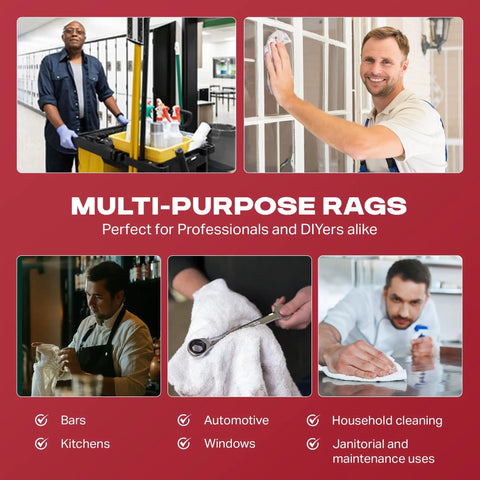 Heavy Duty White Terry Cloth Rags 16x19 Inches Bulk Box of 22 Reusable Cotton Cleaning Towels in use in various settings