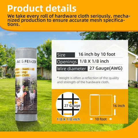 Hardware Cloth 16 Inch By 10 Foot One Eighth Inch 27 Gauge Hot Dipped Galvanized Welded Mesh Fencing Roll product details display