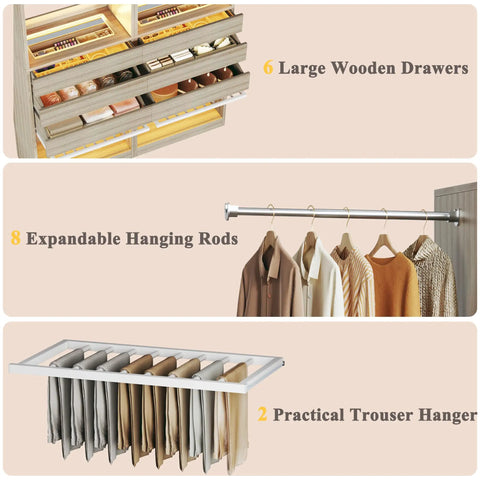 Real Game Changing Modular Closet System Set Of Two Expands From Six To Ten Feet Wide With Six Wooden Drawers, 8 rods, 2 trouser hangers