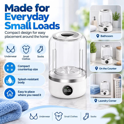 Compact Cordless Mini Washing Machine Rechargeable Portable Spin Action For Underwear Socks And Delicates in home setting