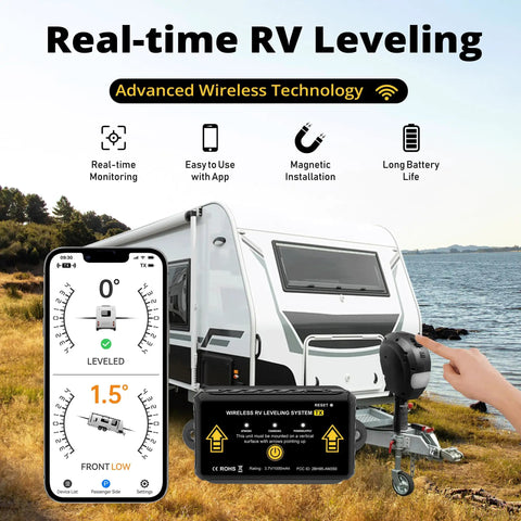 Wireless RV Leveling System With Real Time App showing magnetic mount on camper by riverside
