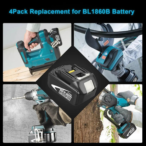 Beefed Up 4 Pack 18V Lithium Battery Replacement Set with LED Indicator used in various power tools, 6000mAh each.