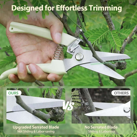 All Purpose Pruning Shears Set With Stainless Steel Blades in hand cutting a branch, ergonomic handle, serrated blade focus