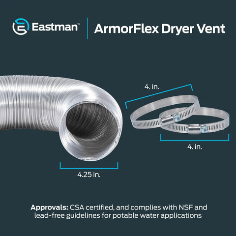 ArmorFlex Dryer Vent 8 Foot Flexible Aluminum Duct with Clamps Semi-Rigid Fire Resistant Laundry Vent Tubing for Dryers