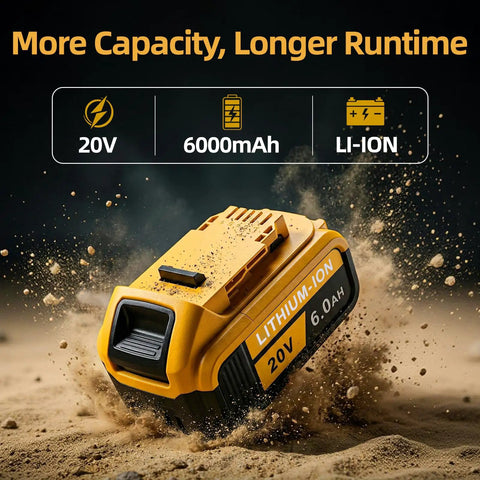 Rugged 6.0Ah 20 Volt Rechargeable Battery 2 Pack Compatible With DeWalt Power Tools And Fast Chargers Replace DCB206 DCB205 in sandy environment.