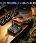 Man using all in one live sound card mixer with gooseneck mic and voice changer for streaming, gaming, and recording on PC.