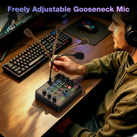 Man using all in one live sound card mixer with gooseneck mic and voice changer for streaming, gaming, and recording on PC.
