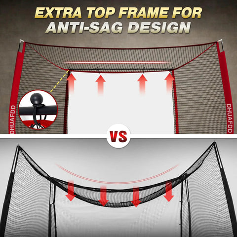 Golf Practice Net With Impact Screen 10 By 8 Feet comparing anti-sag design with sagging net examples