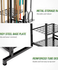 Close-up of Metal Storage Rack and Reinforced Tube Design of Built Tough Garden Tool Organizer Rack For Garage Or Shed Holds Up To Fifty Tools With Thirty Five Vertical Slots And Eleven Side Hooks Broom Holder And Multi Tier Steel Yard Storage For Patio And Outdoor Use.