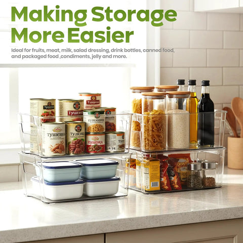 Clear Plastic Stackable Fridge Storage Bins 8 Pack Pantry Organization Cubes For Grocery Management And Fresh Food Keepers stacked with canned goods and food containers on a kitchen countertop.