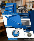 Comparison of Badass Heavy Duty Five Drawer Rolling Tool Chest With Top Shelf Lock and Ridiculously Smooth Wheels in blue against messy workspace.