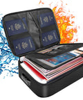Open Fireproof And Water-Resistant Document Bag With Lock Three Layer Go-To File Storage Case showing passports, laptop, and files.