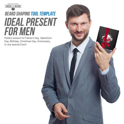 Man in suit holding gift box of Beard Shaping Tool With Pencil For Men The Ultimate At Home Beard Lineup Kit For Pro Edges