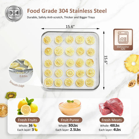 Heavy Duty Commercial Food Dehydrator With Twelve Roomy Trays, Slick Stainless Steel Drying Rack showing lemon slices on tray.
